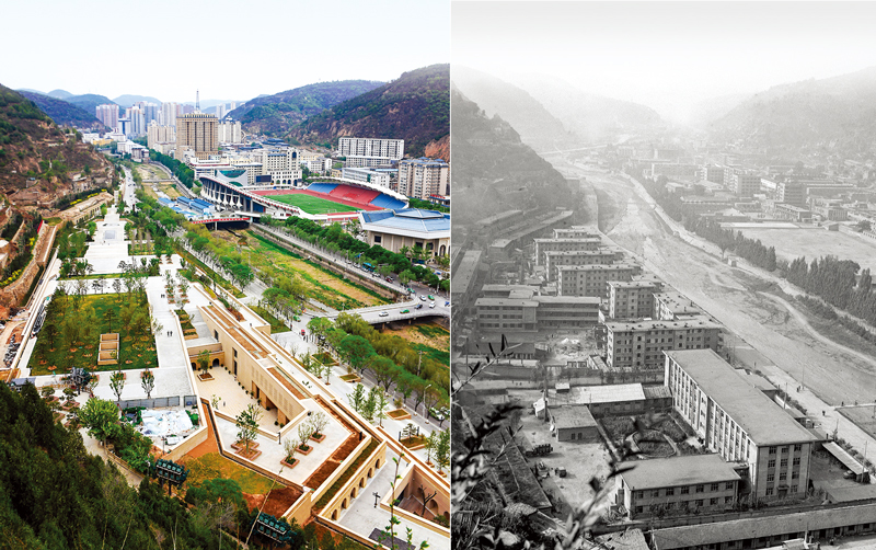这是一张拼版照片,左图为2019年5月5日拍摄的延安市南河河道(新华社记者 刘潇/摄);右图为1983年12月26日拍摄的延安市南河河道(资料照片)。